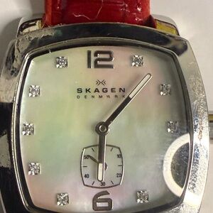 Skagen Silver Watch with Red Leather Strap